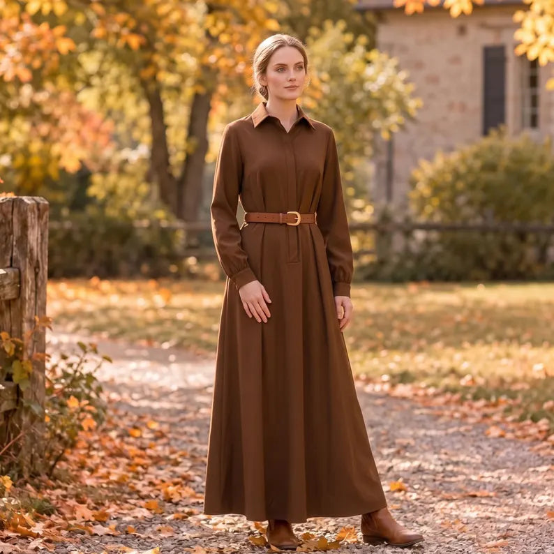 Brown Collared Long Sleeve Maxi Dress