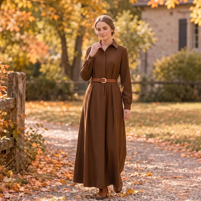 Brown Collared Long Sleeve Maxi Dress