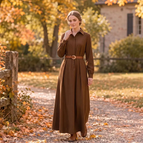 Brown Collared Long Sleeve Maxi Dress