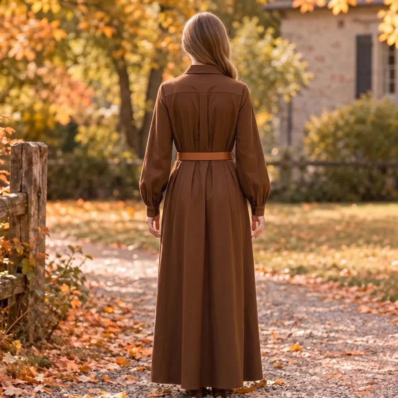 Brown Collared Long Sleeve Maxi Dress
