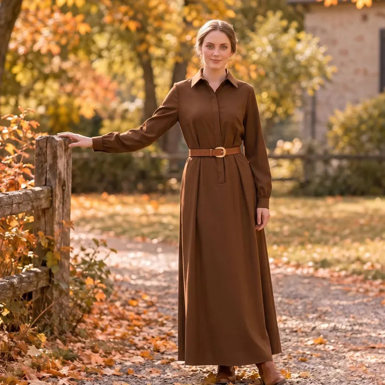 Brown Collared Long Sleeve Maxi Dress