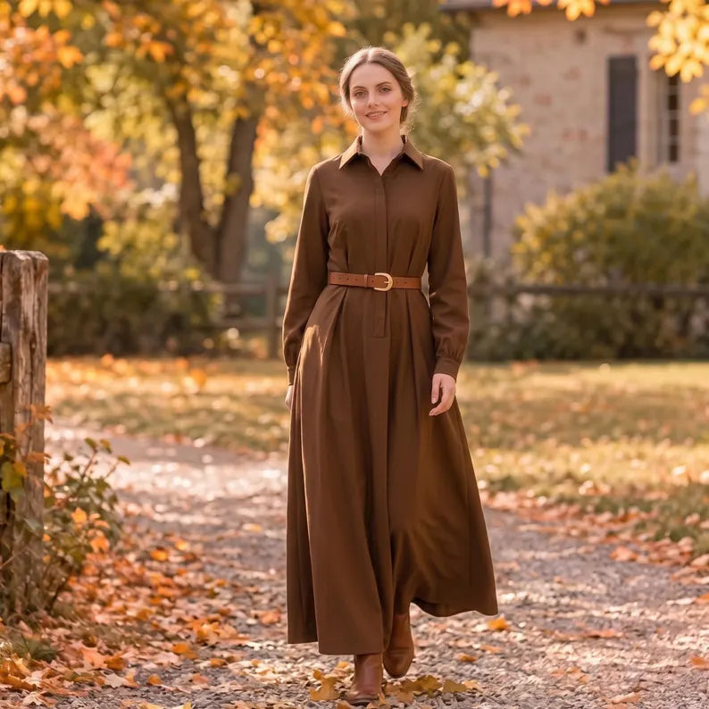 Brown Collared Long Sleeve Maxi Dress