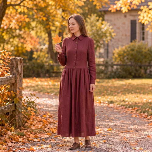 Burgundy Cotton Long Sleeve Maxi Dress