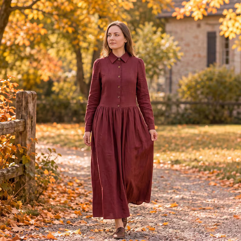 Burgundy Cotton Long Sleeve Maxi Dress
