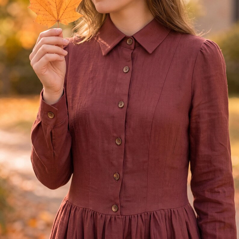 Burgundy Cotton Long Sleeve Maxi Dress