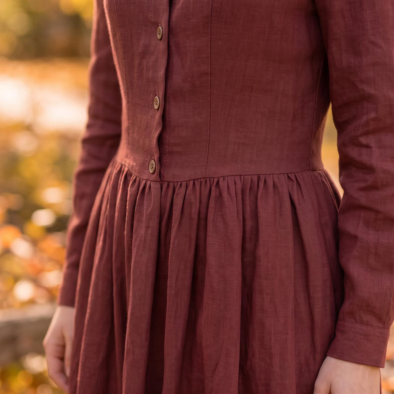 Burgundy Cotton Long Sleeve Maxi Dress