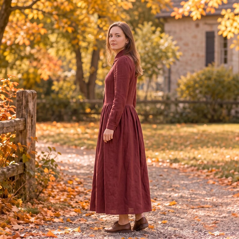 Burgundy Cotton Long Sleeve Maxi Dress