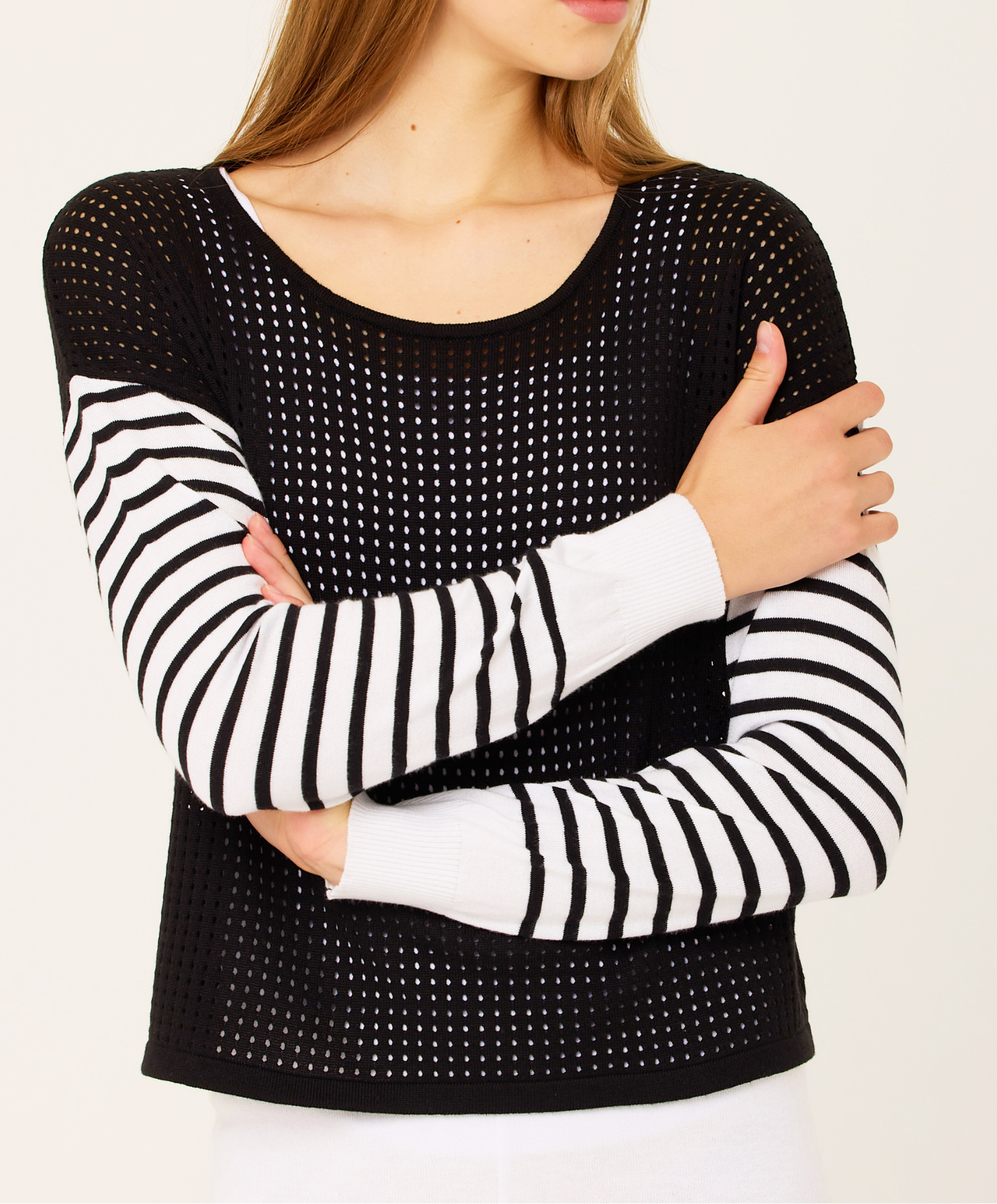 Scoop Stripe Sleeve Crochet Top