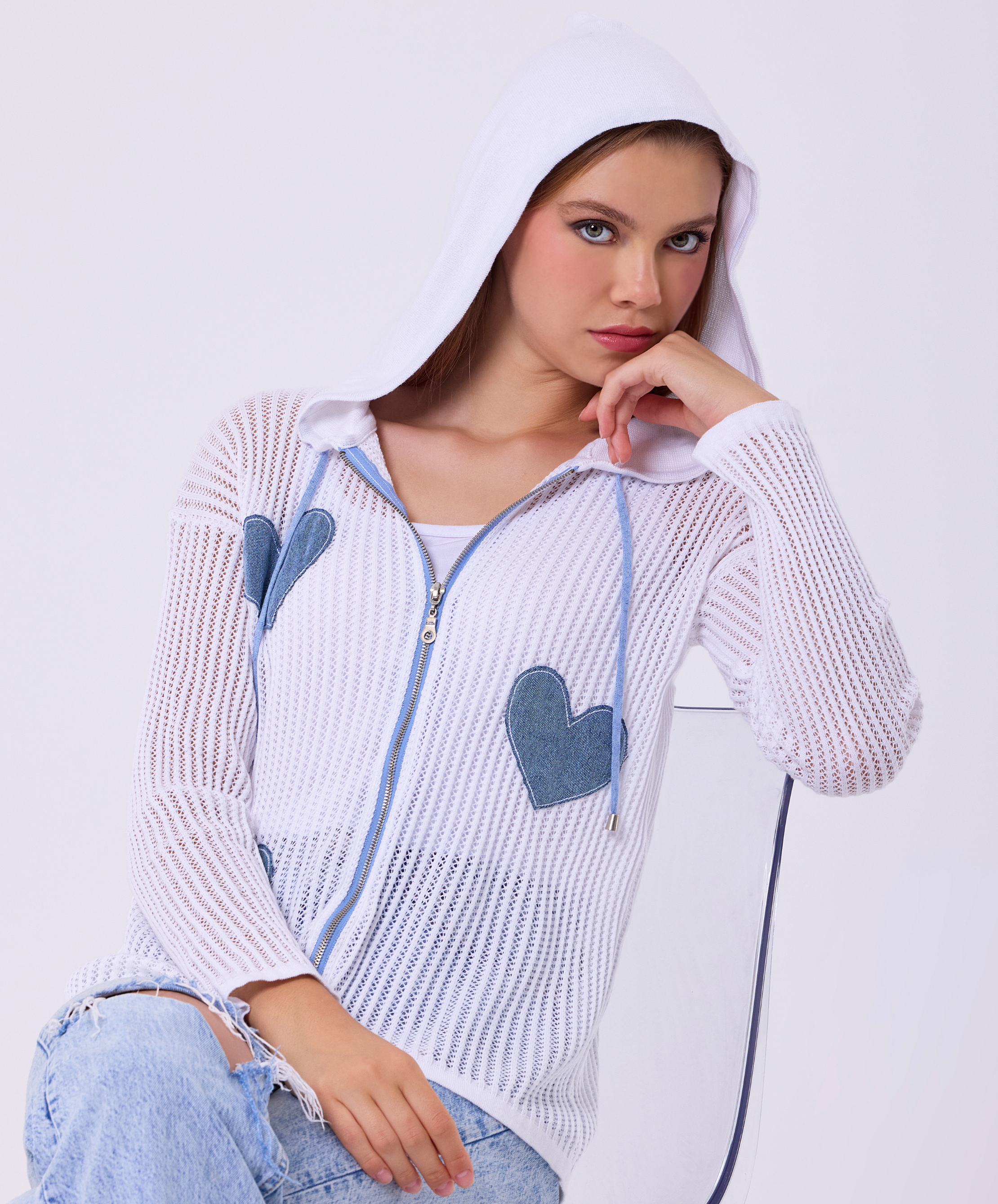 Denim Heart Crochet Hoodie