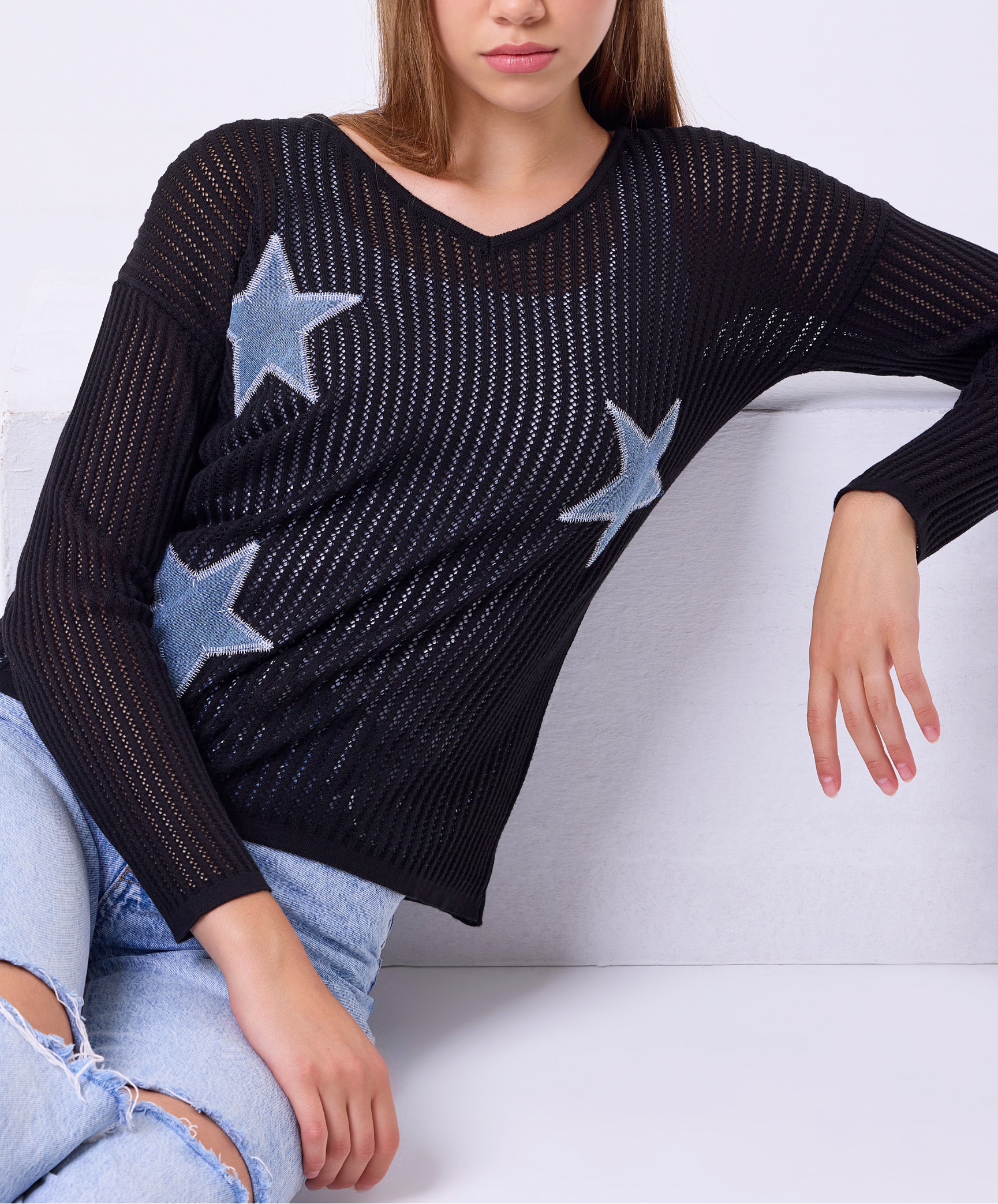 Denim Star V-Neck Crochet Top