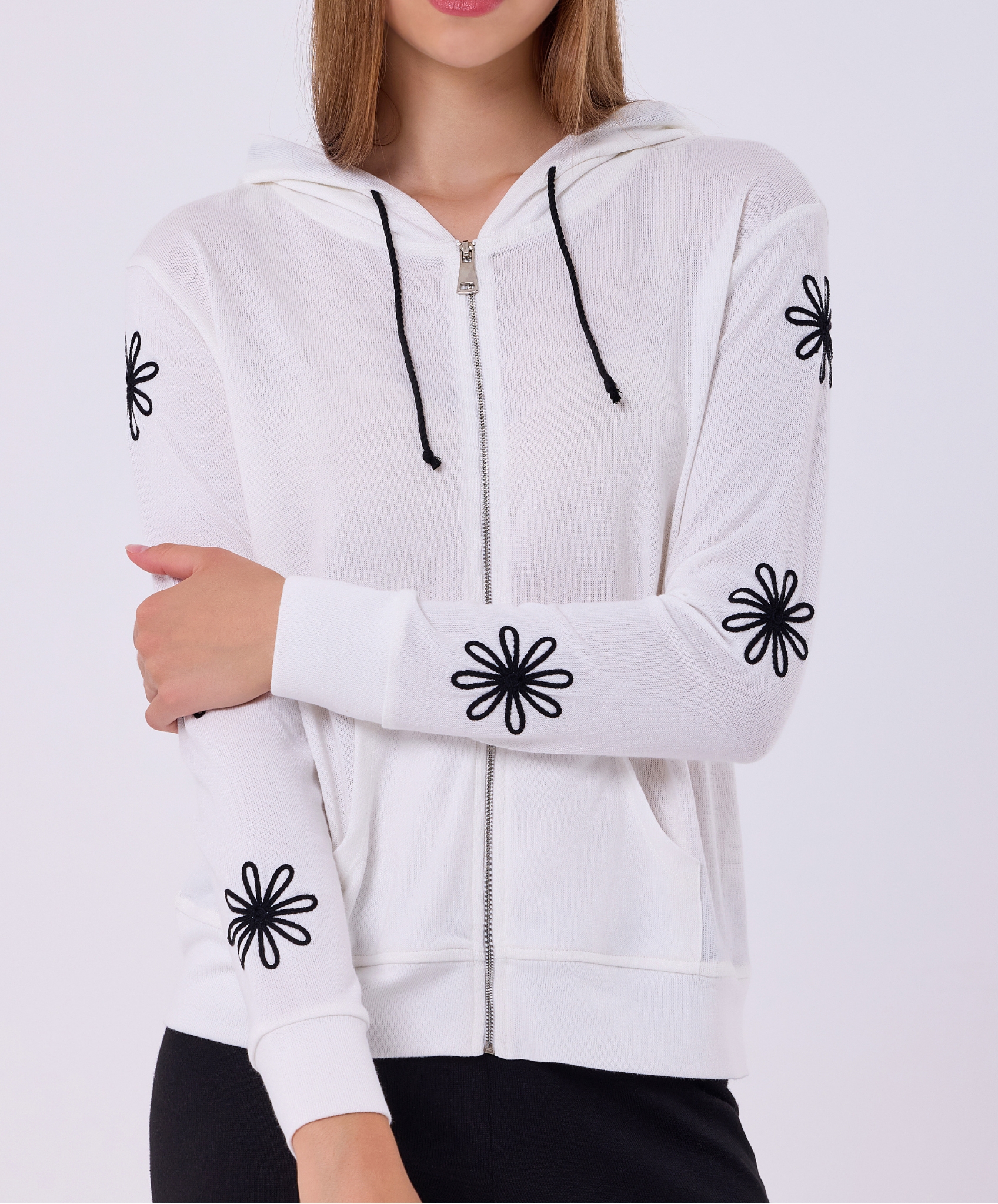 Flower Detail Zip Up Hoodie
