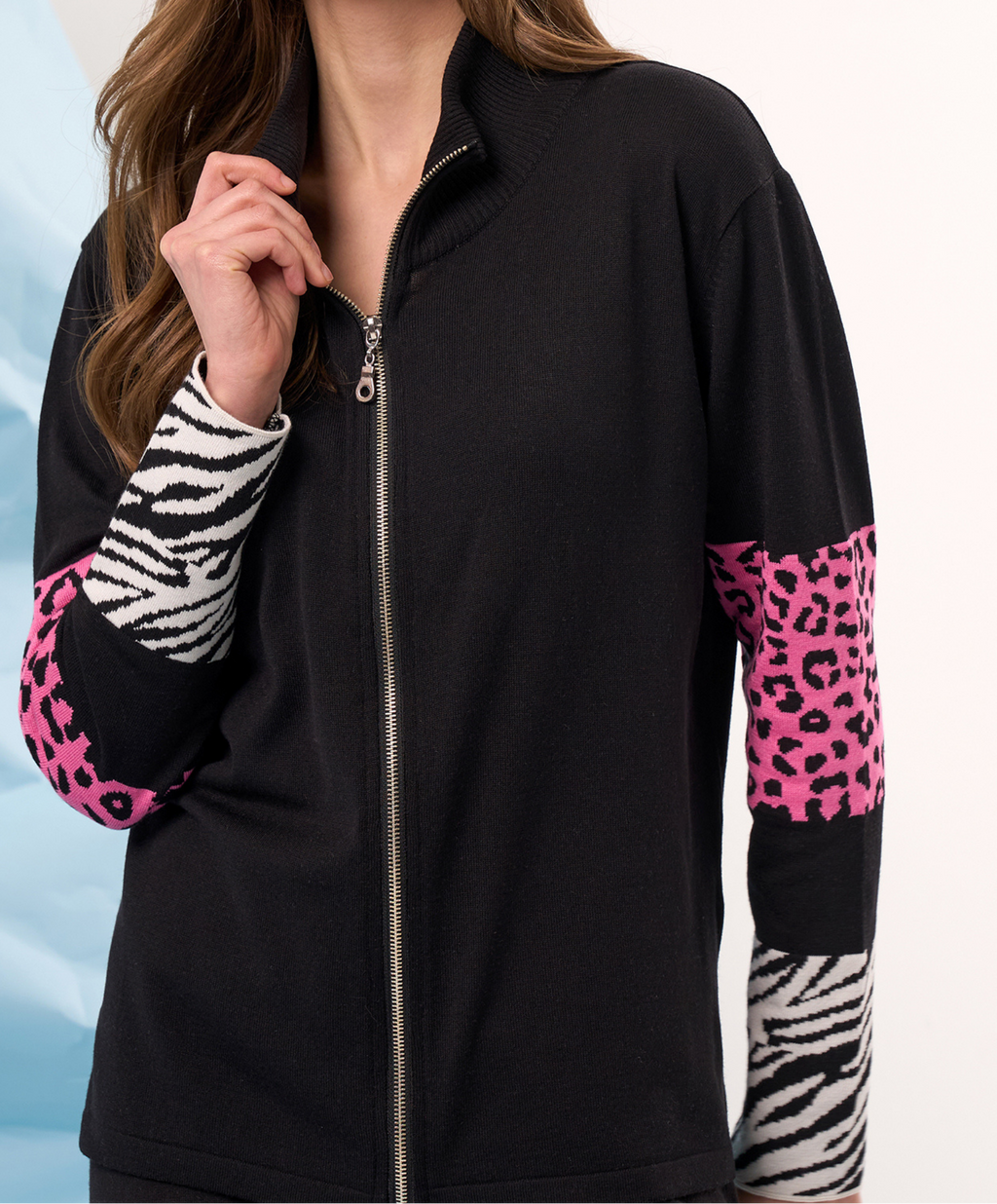Animal Print Sleeve Zip Up Jacket
