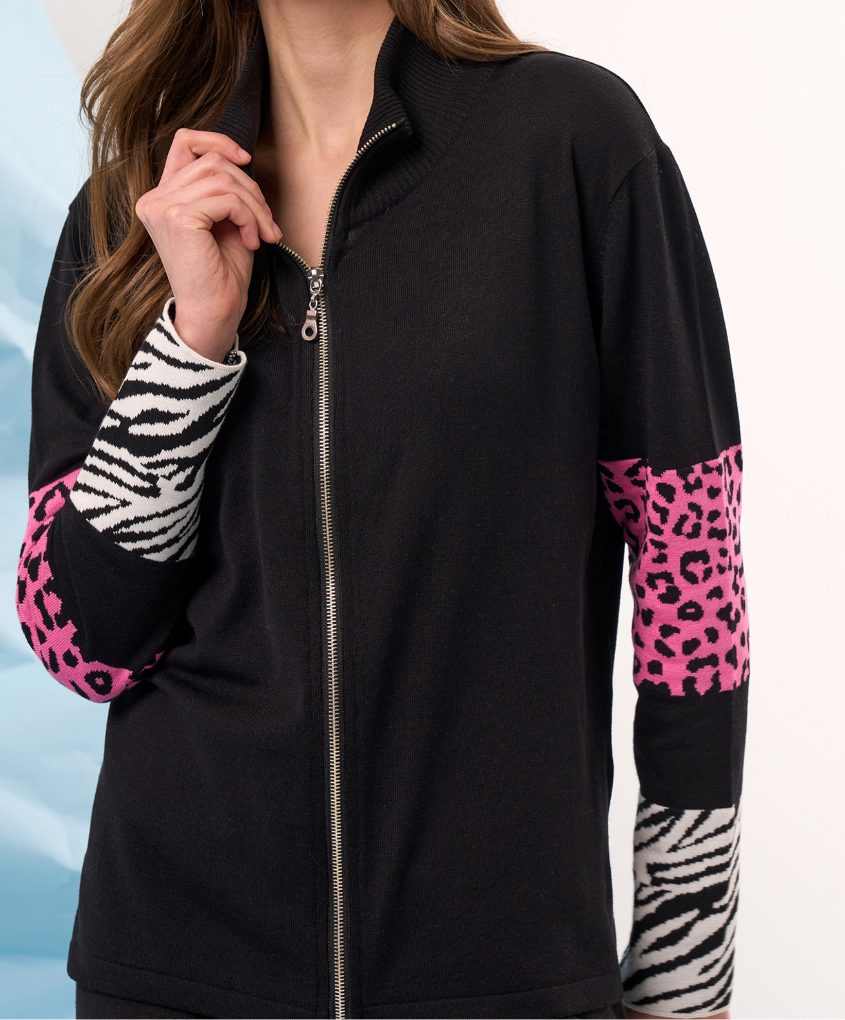 Animal Print Sleeve Zip Up Jacket