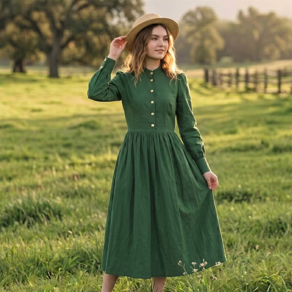 Forest Green Cotton Long Sleeve Maxi Dress