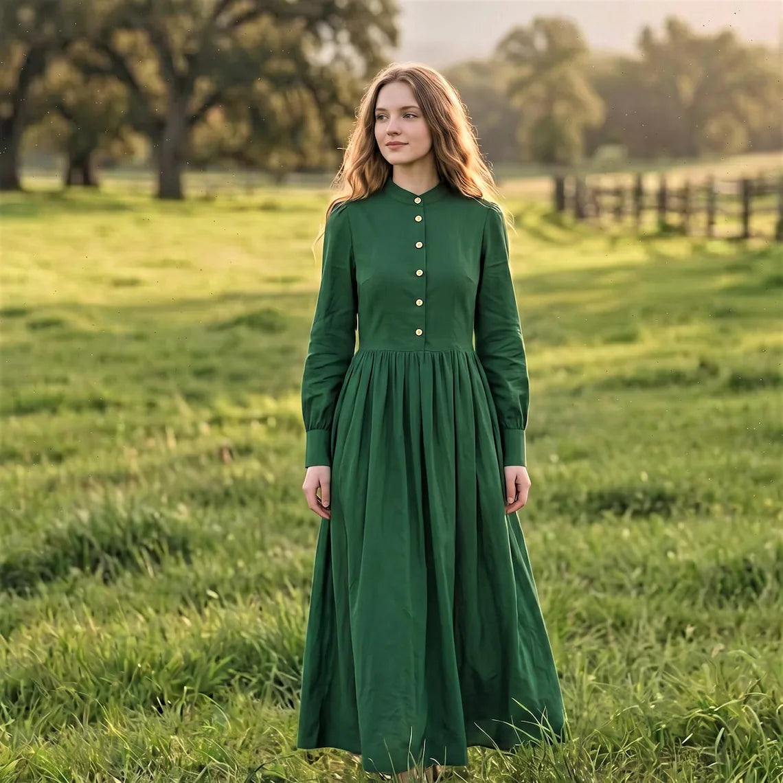 Forest Green Cotton Long Sleeve Maxi Dress