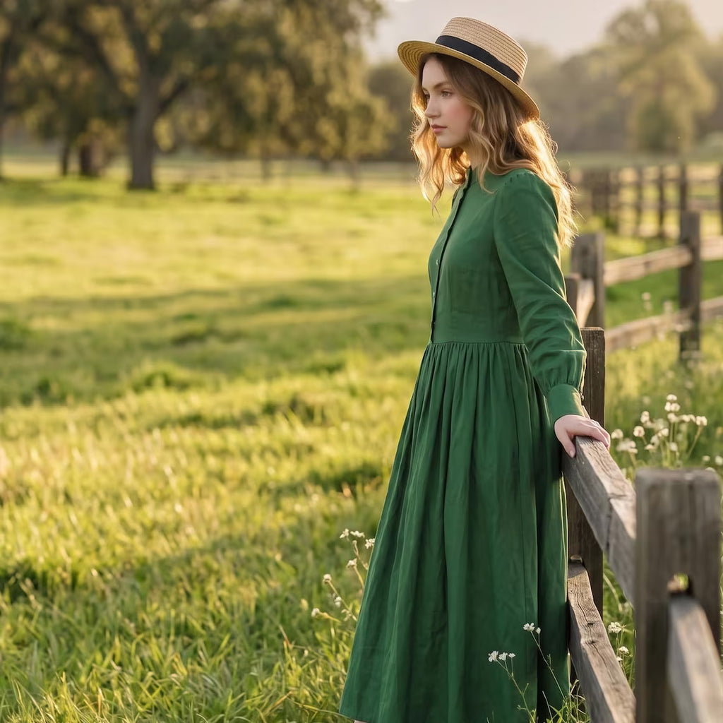 Forest Green Cotton Long Sleeve Maxi Dress
