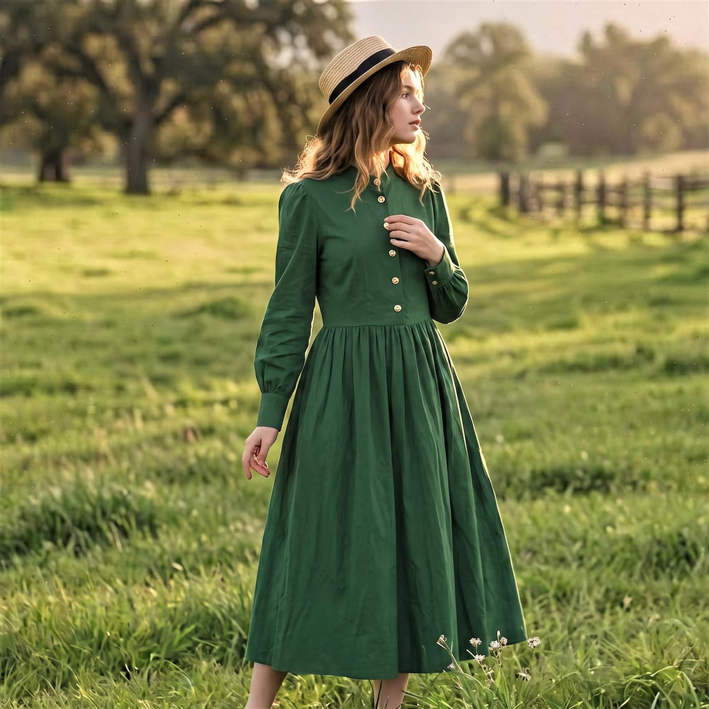 Forest Green Cotton Long Sleeve Maxi Dress