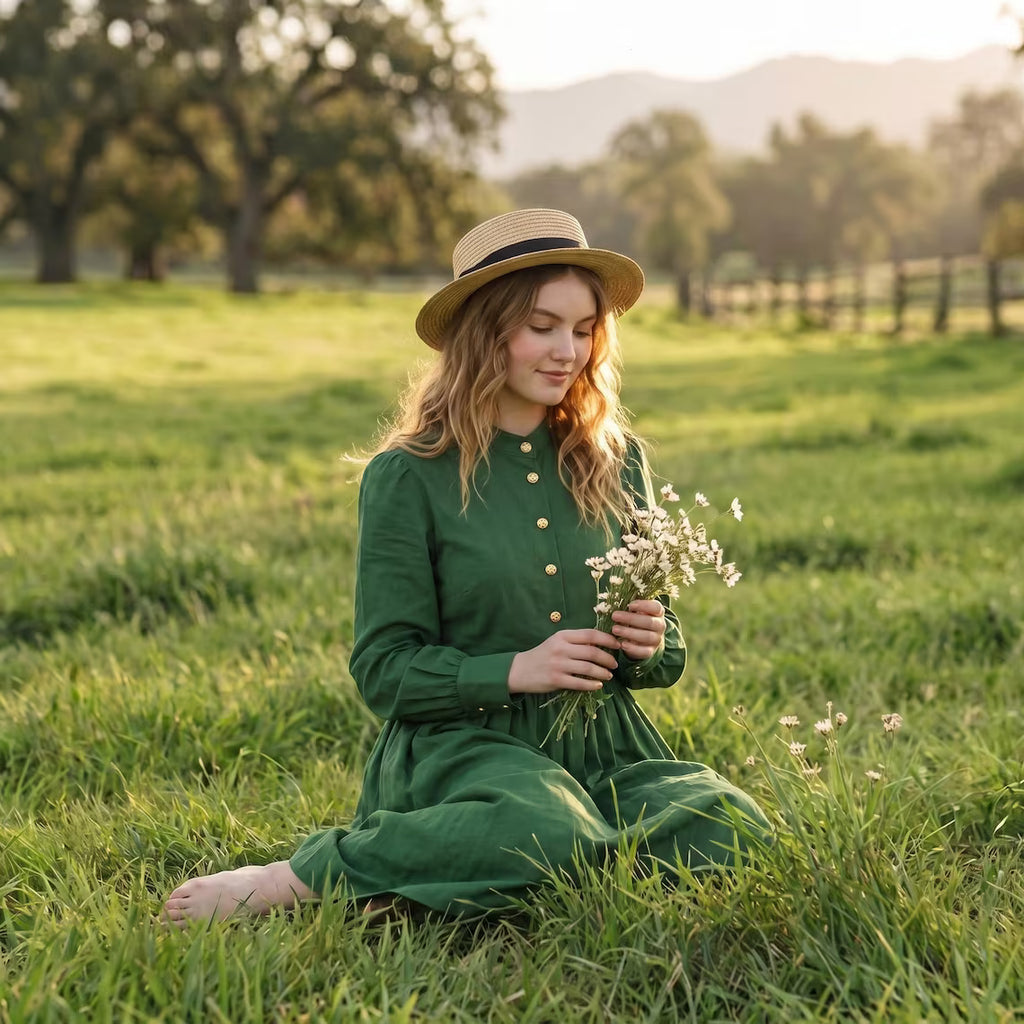 Forest Green Cotton Long Sleeve Maxi Dress
