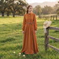 High Neck Long Sleeve Belted A-Line Maxi Dress