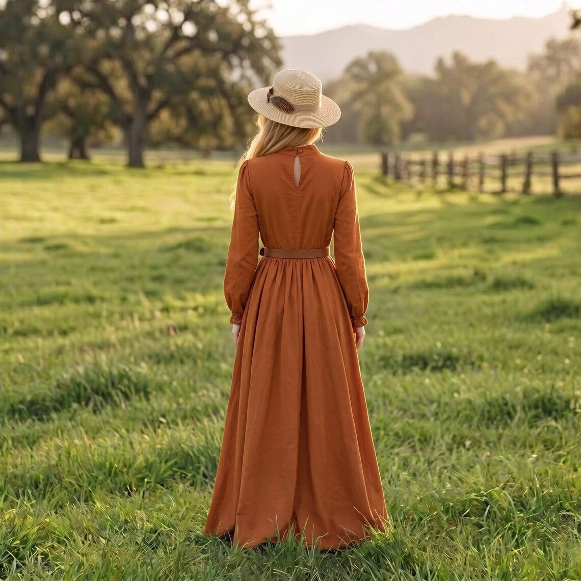 High Neck Long Sleeve Belted A-Line Maxi Dress