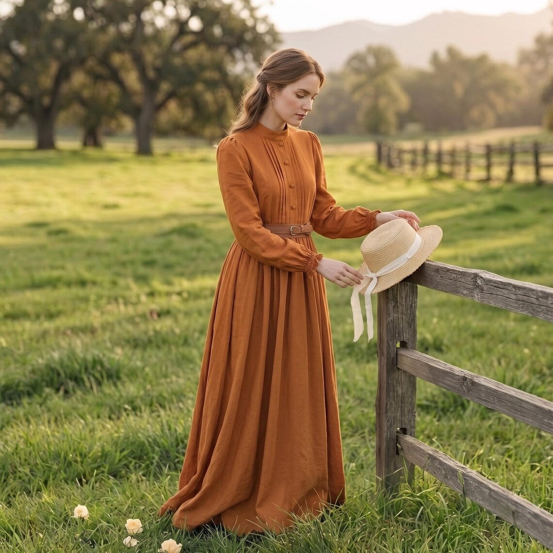High Neck Long Sleeve Belted A-Line Maxi Dress