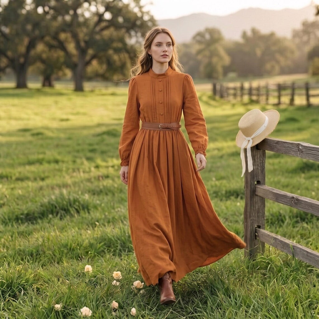 High Neck Long Sleeve Belted A-Line Maxi Dress