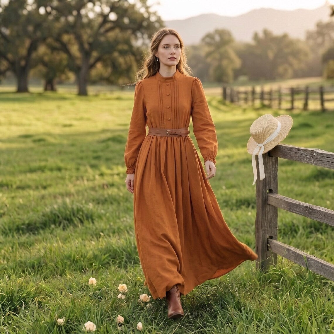 High Neck Long Sleeve Belted A-Line Maxi Dress
