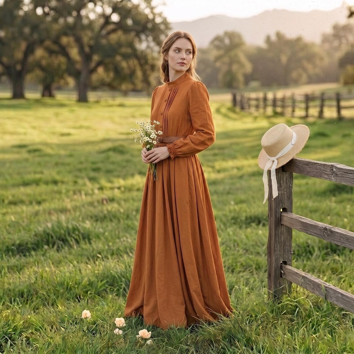 High Neck Long Sleeve Belted A-Line Maxi Dress