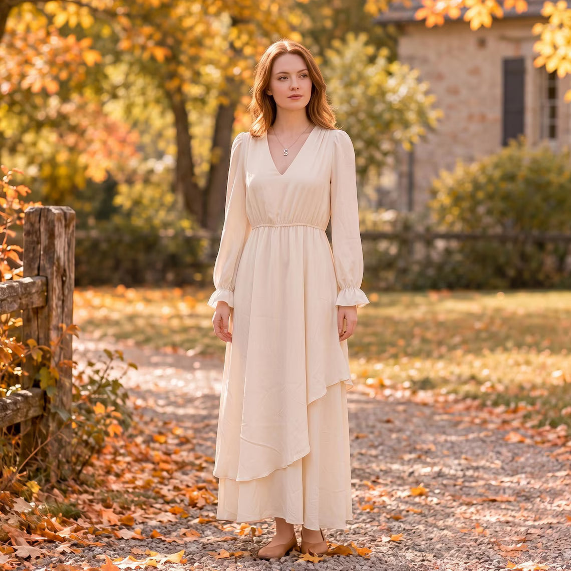 V Neck Long Sleeve Asymmetrical Maxi Dress