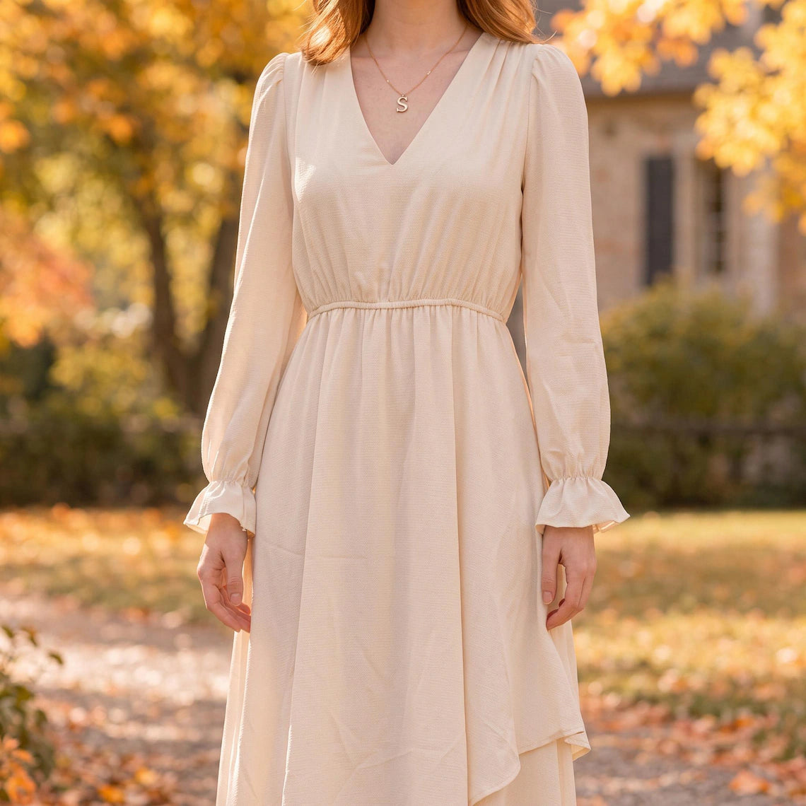 V Neck Long Sleeve Asymmetrical Maxi Dress