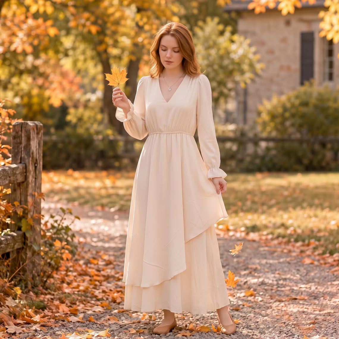 V Neck Long Sleeve Asymmetrical Maxi Dress