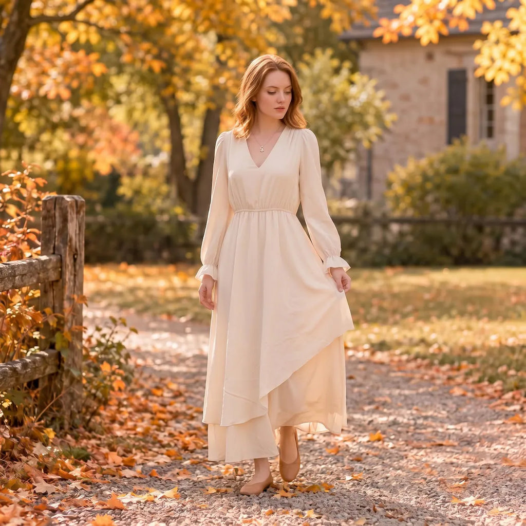 V Neck Long Sleeve Asymmetrical Maxi Dress