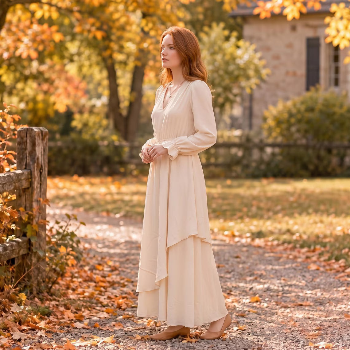 V Neck Long Sleeve Asymmetrical Maxi Dress